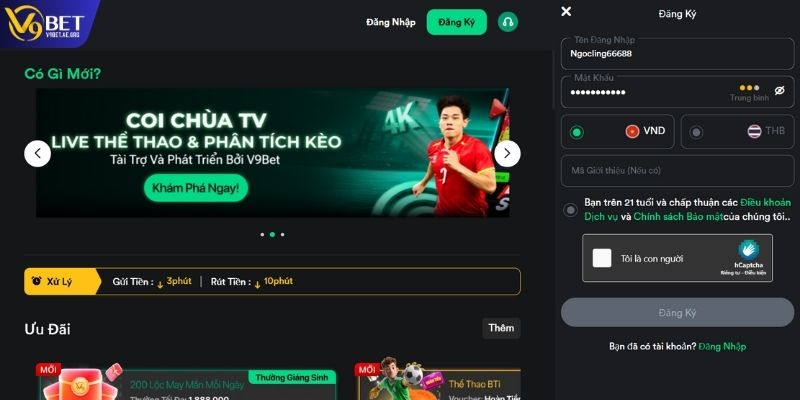 Biểu mẫu đăng ký tài khoản V9BET