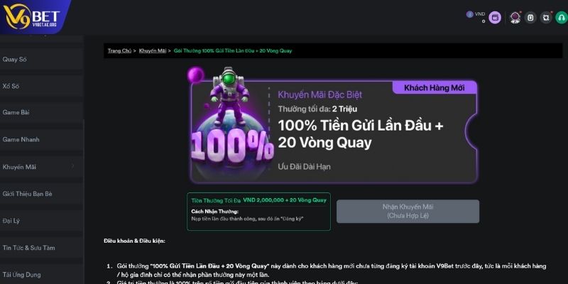 Ưu đãi thưởng 100% tiền gửi lần đầu + 20 vòng quay