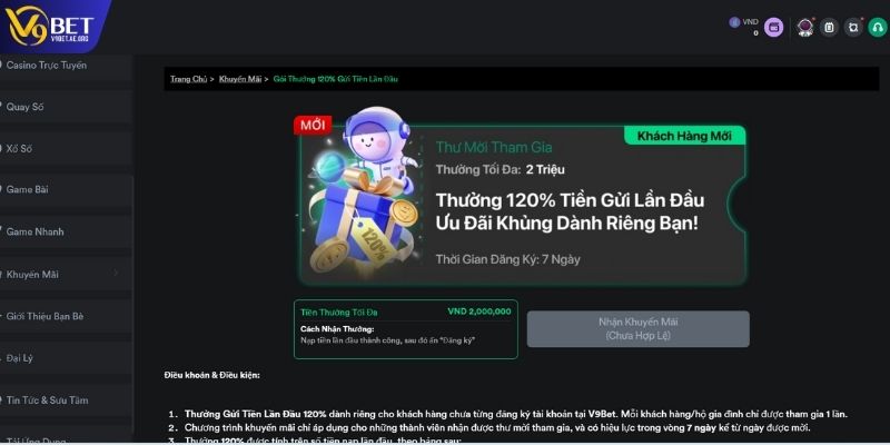 Ưu đãi thưởng 120% tiền gửi lần đầu tại V9BET